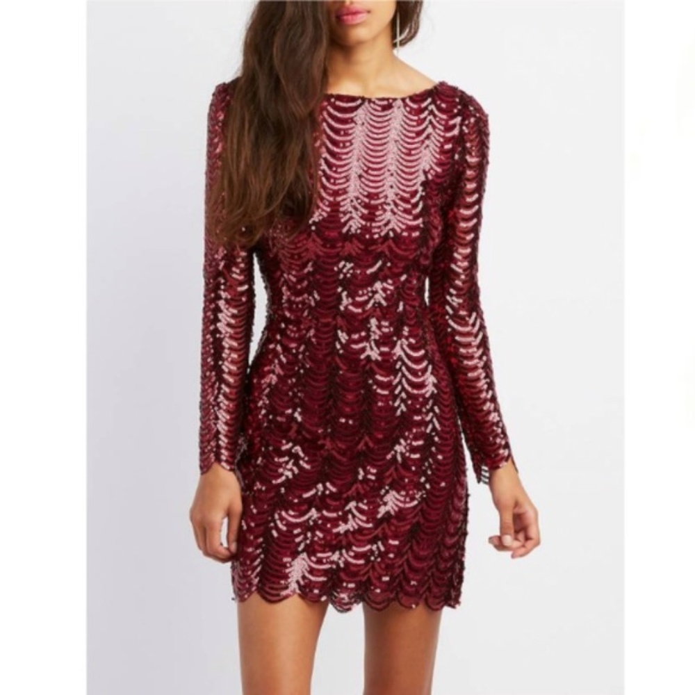 NWT SEXY Scalloped Sequins Burgundy Bodycon Dress - Picture 1 of 6